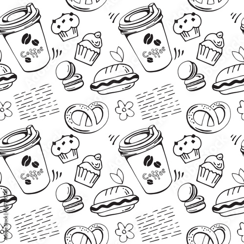 Disposable paper cup with coffee, Hot dog, Muffin with chocolate chips, Cupcake, Pretzel, leaves, flowers, decorative elements black and white seamless pattern