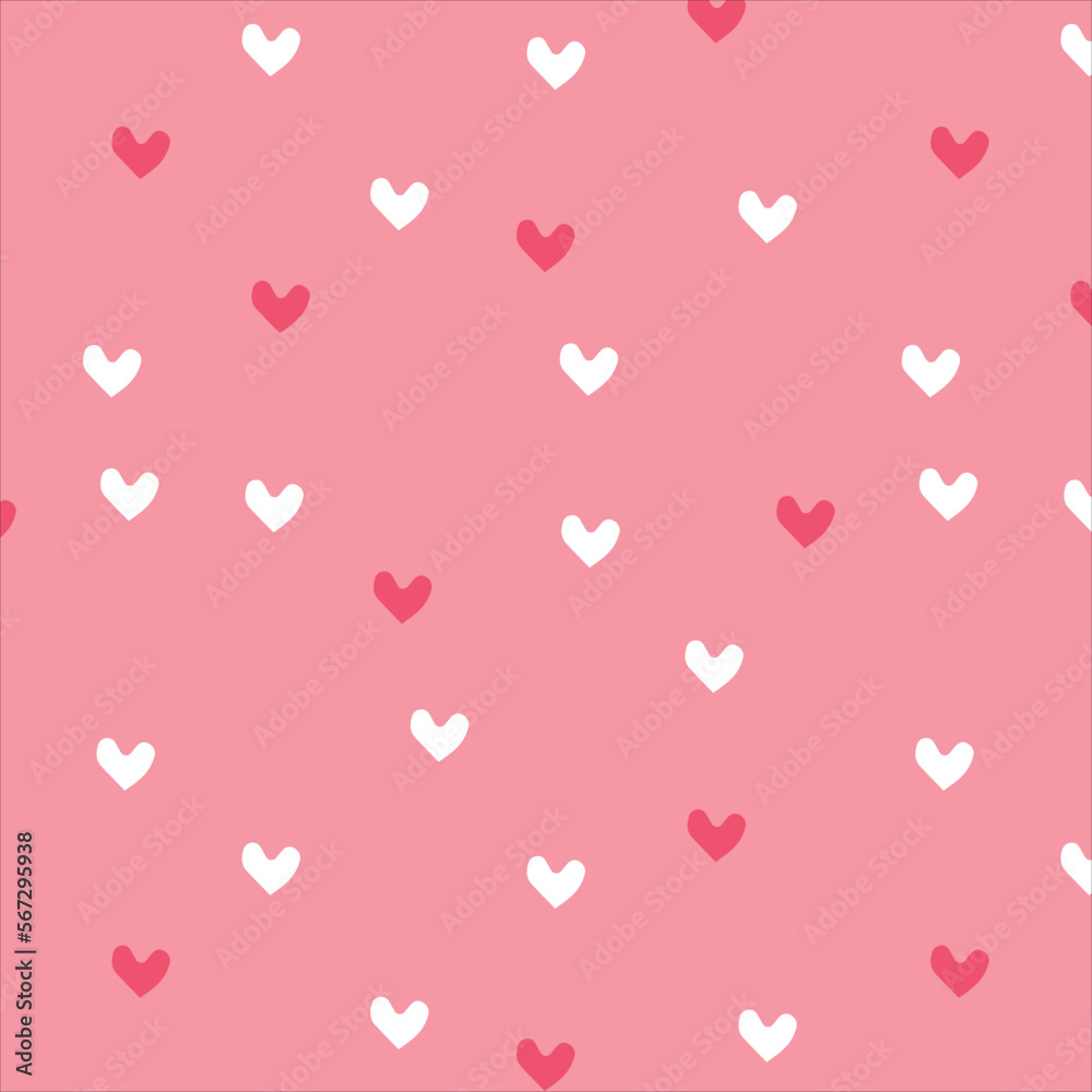 Vector seamless pattern with white and red hearts in cartoon style on pink background. For textiles, wallpapers, wrapping paper, backgrounds 