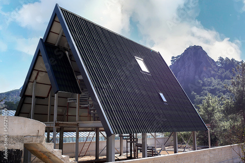 A frame triangle holiday house.construction of frame houses. construction frame triangle house.