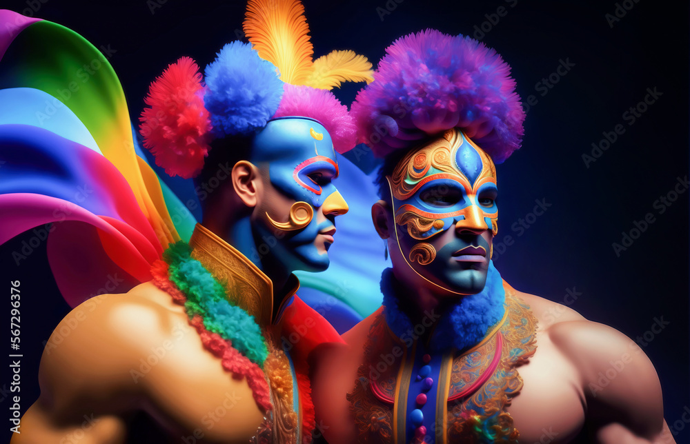 Two men masked and painted celebrating pride parade party. illustration couple of men disguised with carnival masks and flag rainbow multicolor in blue background. Generative ai Two men masked and painted celebrating pride parade party. illustration couple of men disguised with carnival masks and flag rainbow multicolor in blue background. Generative ai
