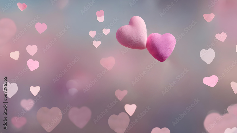 Beautiful soft pink hearts on a pink and light blue bokeh background, 3D. Perfect for Valentine's Day. Sweet romance, aesthetic concept. Gorgeous backdrop, copy space. Wallpaper, card, generative AI 