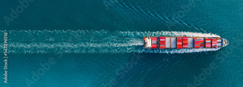 banner,Top view of cargo container ship carrying container and running for export goods from cargo yard port to custom ocean concept technology transportation , customs clearance. forwarder