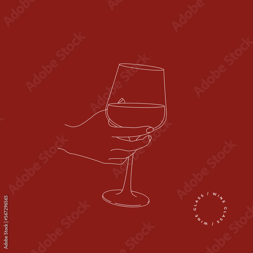 Hand with wine glass. Minimalist line style. V