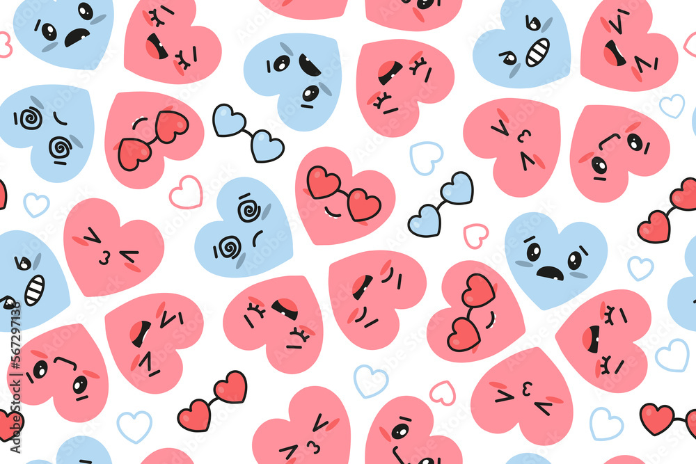 Pink and Blue Hearts Kawaii, Seamless Pattern on white background. Vector illustration. Valentines day background.