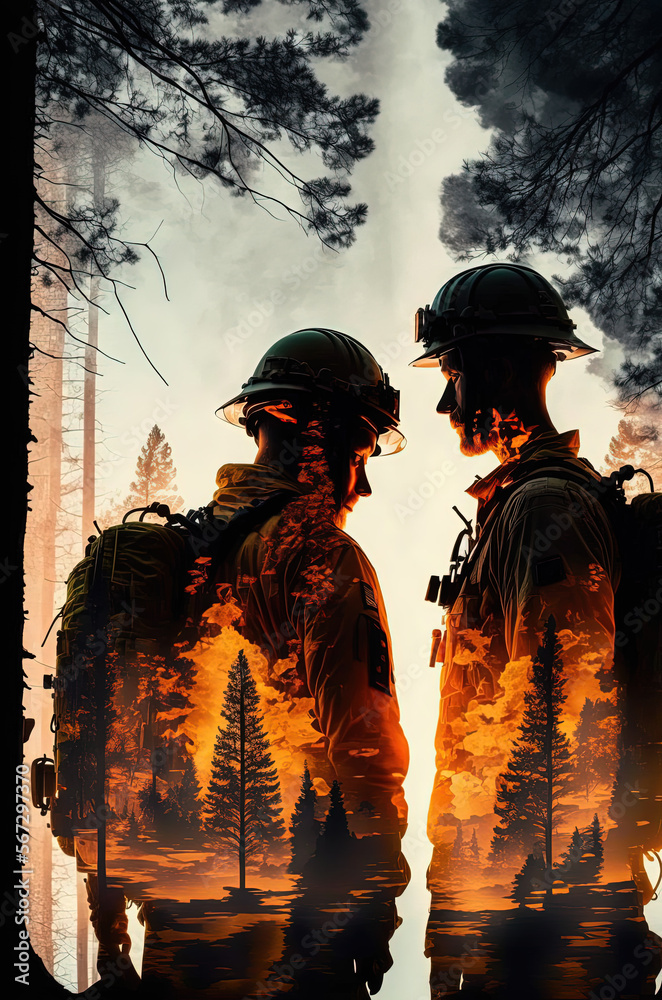 Firefighters, burning forest,double exposure. Generative AI.