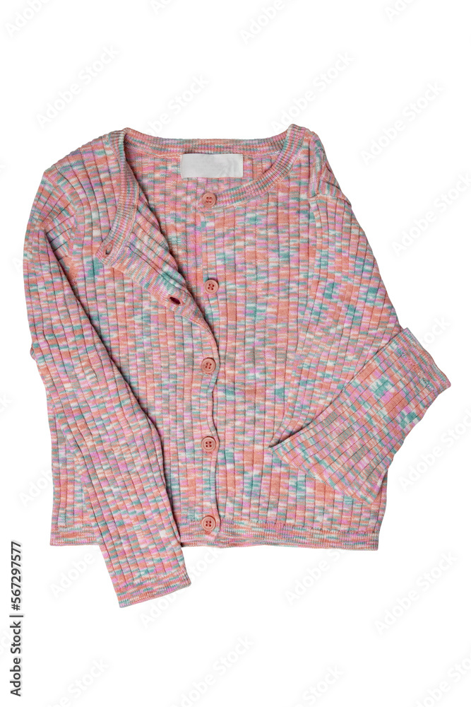 Obraz premium Girls clothes. Multi-colored knitted elegant fluffy cardigan or jumper with v-neck and button closure isolated on a white background. Clipping path. Kids and children's fashion.