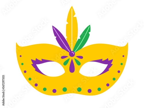 Vector yellow carnival mask. Mardi Gras mask with feathers. Design for fat tuesday. Colorful masquerade illustration. Carnival mask for traditional holiday or festival.