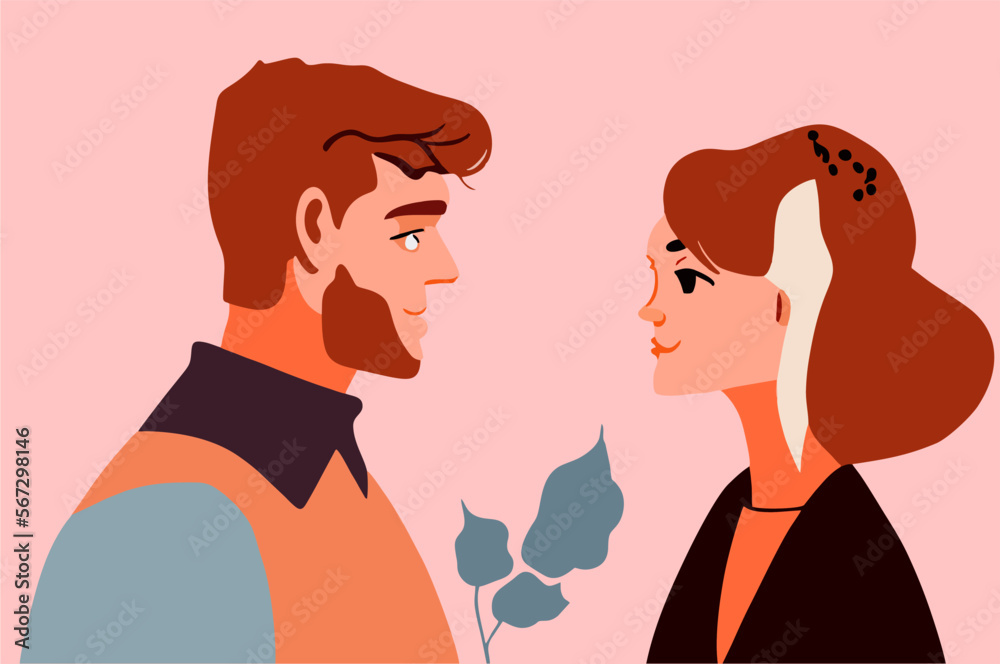 Love couple of young man and woman looking at each other. Two romantic lovers profiles. Happy valentines in relationships. Sweet charmed boyfriend and enamored girlfriend. Flat vector illustration Love couple of young man and woman looking at each other. Two romantic lovers profiles. Happy valentines in relationships. Sweet charmed boyfriend and enamored girlfriend. Flat vector illustration