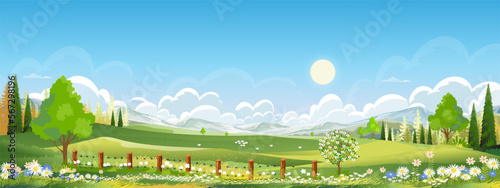 Nature Spring Rural farm landscape with Green Field with Cloud, Blue Sky,Vector horizon Natural rural Countryside with forest tree,Mountains in Sunny day,Cartoon Vector for Easter,Spring,Summer banner