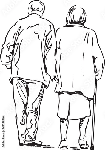 Hand drawn sketch of a couple of old people on a walk. Vector illustration.
