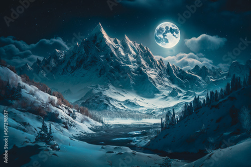 Fotografie, Obraz Gorgeous moonlight view of a snowy mountain landscape with a large moon in the s