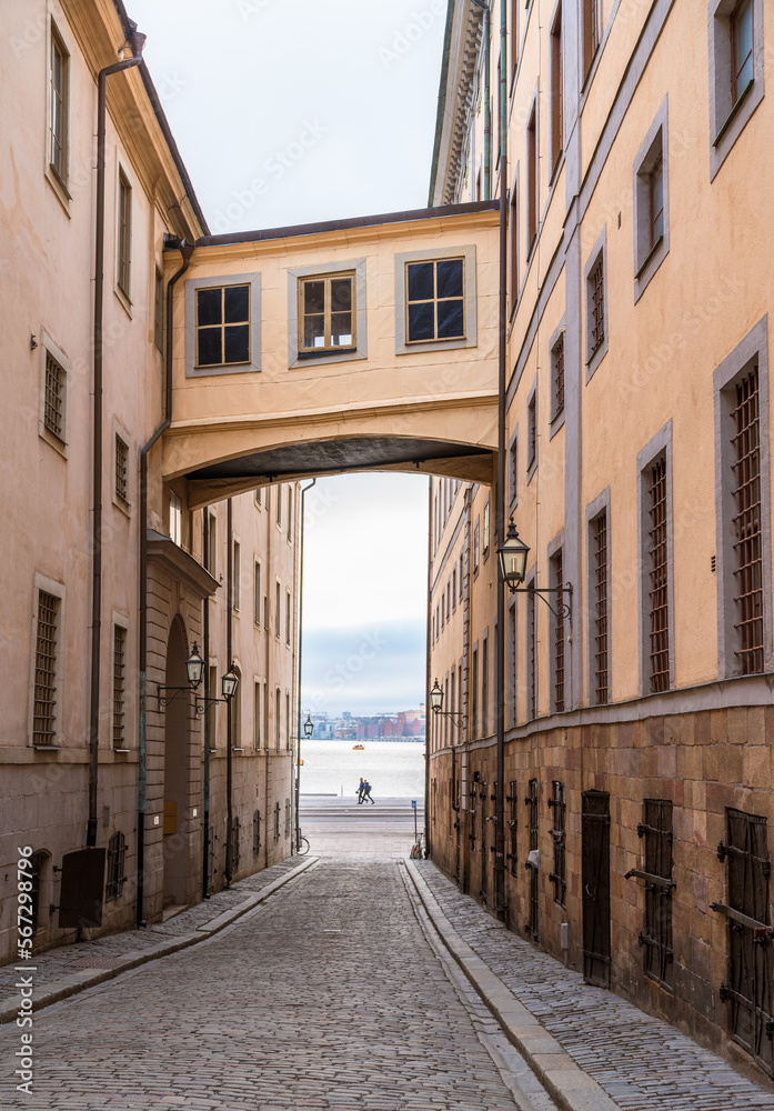 Stockholm, Sweden.Picturesque  street in Gamla Stan quarter with and elevated walkway