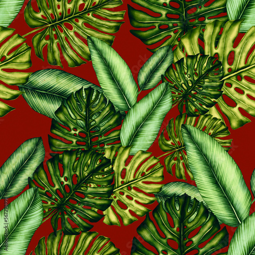Fototapeta Naklejka Na Ścianę i Meble -  Watercolor seamless pattern with tropical leaves. Beautiful allover print with hand drawn exotic plants. Swimwear botanical design.	