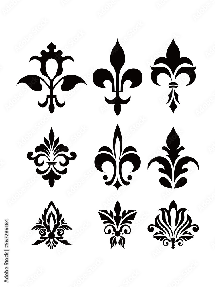 Damask swirl victorian florist vintage icon symbol element vector pattern flower set bundle editable
