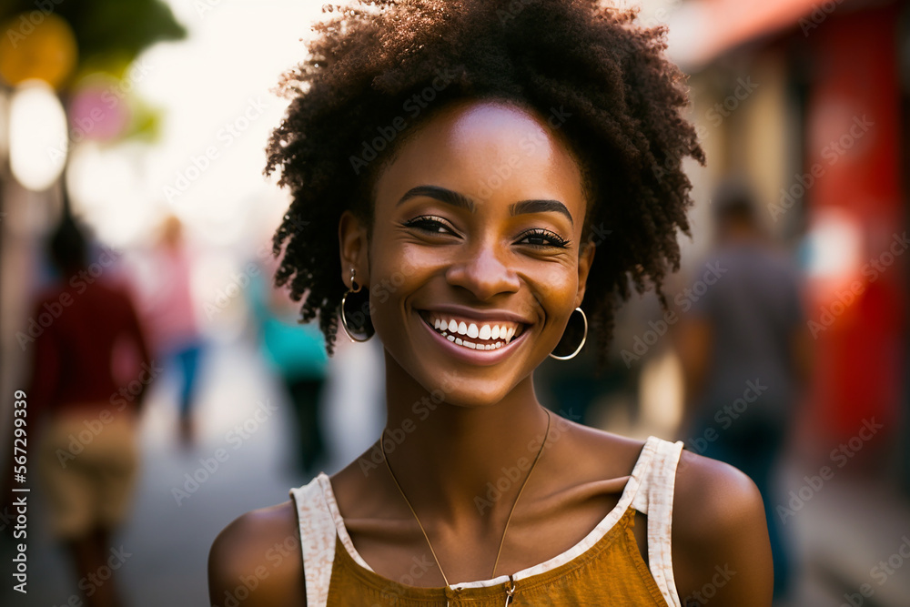 Cheerful black woman on street bokeh background. Generative AI