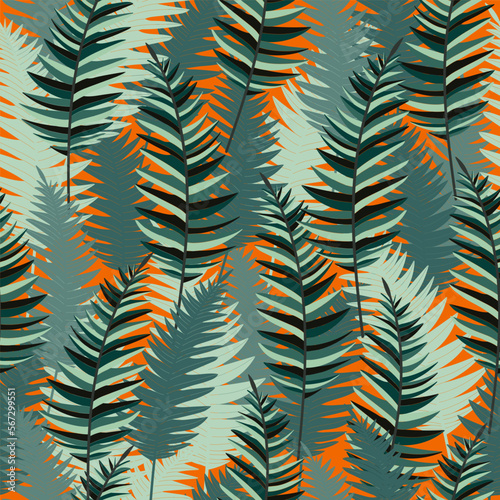 Nature, mystical forest, abstract plants, leaves.  Seamless pattern, green, orange colors. Hand drawn, vector
