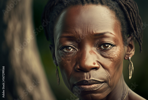 Portrait of sad strong black woman looking at camera. Generative AI