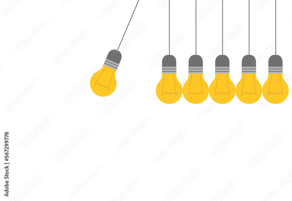 vector with a flying light bulb on other light bulbs hanging side by side in a row. illustration with light bulb pendulum in flat style