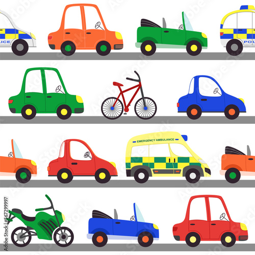 Vector seamless pattern with different vehicles. Bright flat cars and bikes in repeated print © Olha