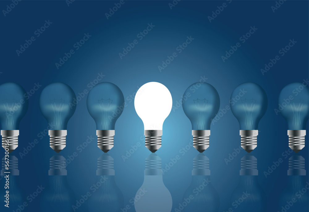 vector with light bulbs standing in a row. illustration with one glowing light bulb among dimmed light bulbs vector with light bulbs standing in a row. illustration with one glowing light bulb among dimmed light bulbs