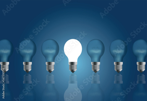 vector with light bulbs standing in a row. illustration with one glowing light bulb among dimmed light bulbs