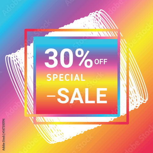 shop now 30% off special sale sign holographic gradient over art white round bangles shapes on colorful gradient background Vector illustration