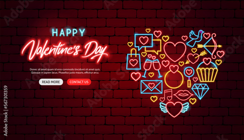 Valentine Day Neon Heart Banner. Vector Illustration of Love Holiday Romance Concept. Glowing Led Lamp.