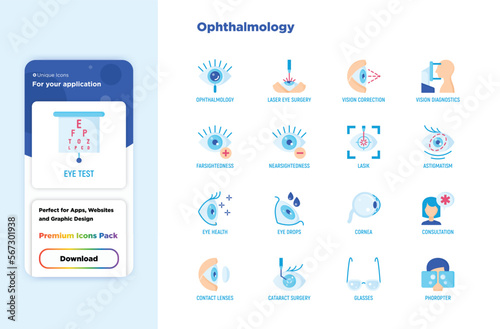 Ophthalmology flat icons set: laser eye surgery, eye test, eye drops, contact lenses, cataract, astigmatism, phoropter, autorefractometer, farsightedness, nearsightedness. Vector illustration.
