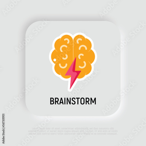 Brainstorm flat icon: brain with flash. Creativity, inspiration, imagination. Modern vector illustration.