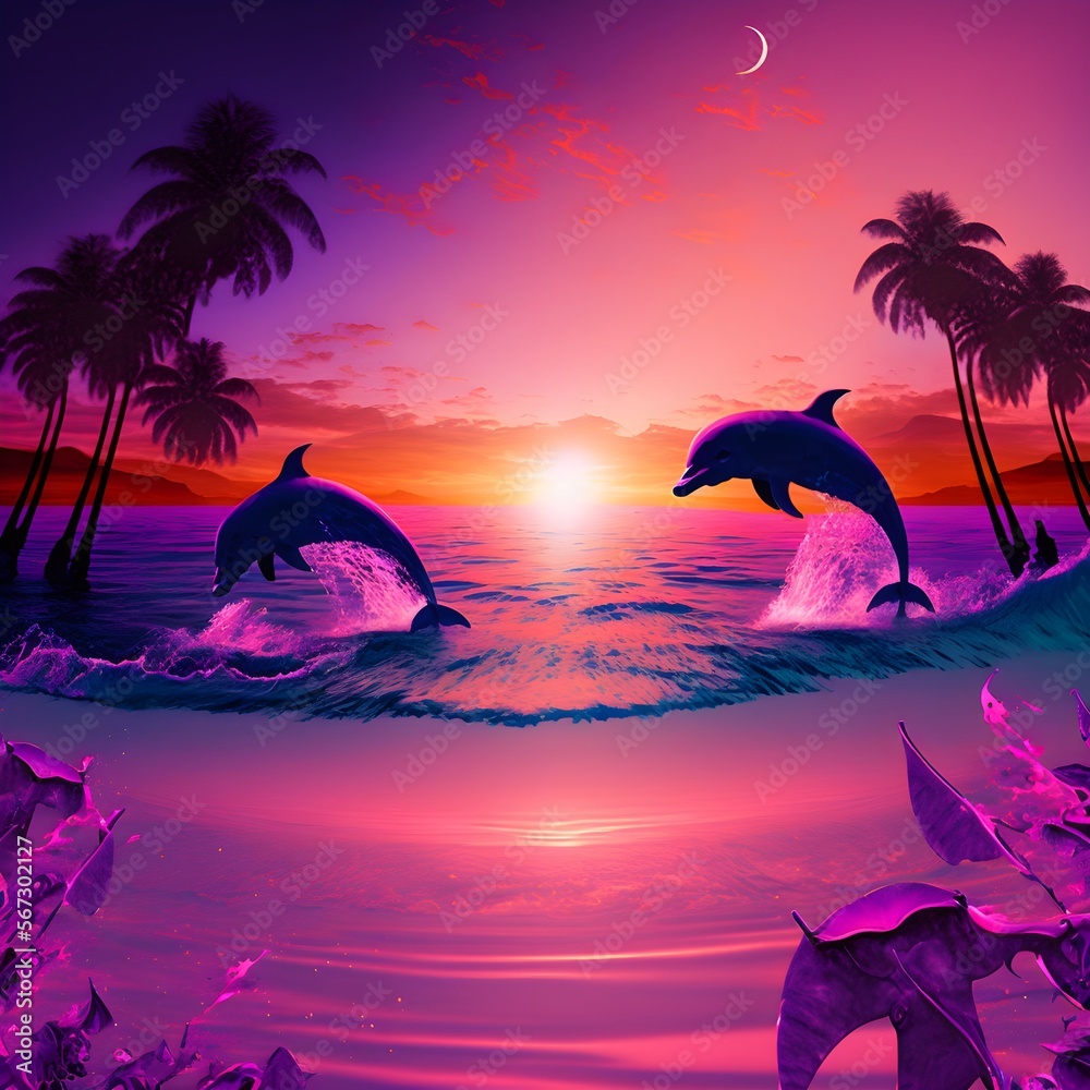 Dolphins Jumping In The Sunset With Palm Trees