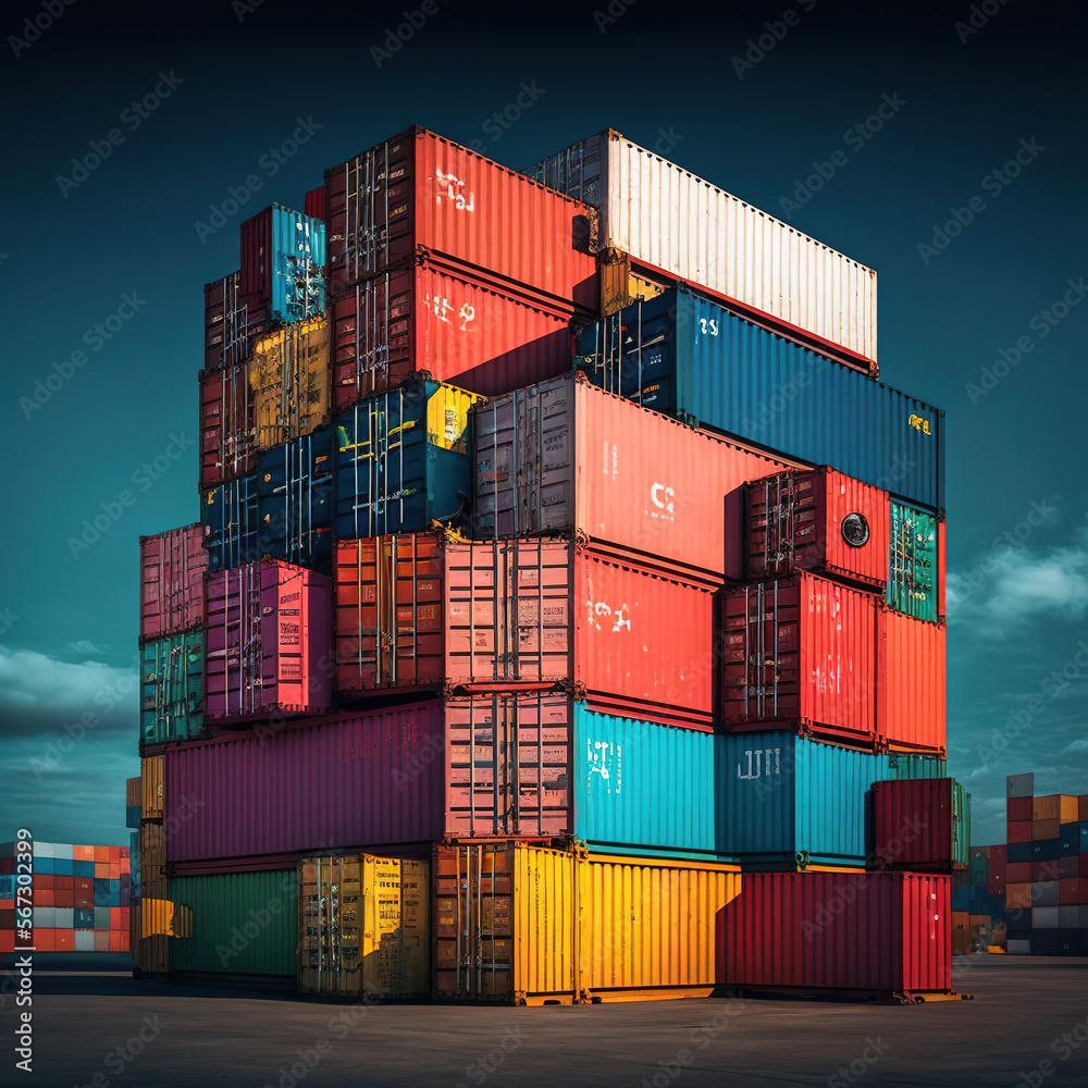 Fototapeta premium Container stacker crane raising stacking container box in yard, Container loading cargo freight in an import and export logistics company, Industry logistics, generative ai