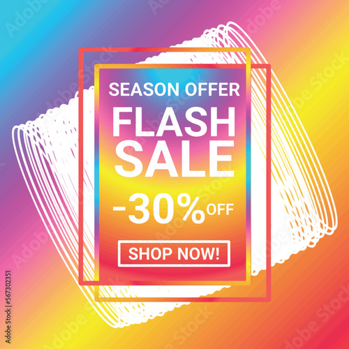 shop now season offer flash sale 30% off sign holographic gradient over art white round bangles on colorful gradient background Vector illustration