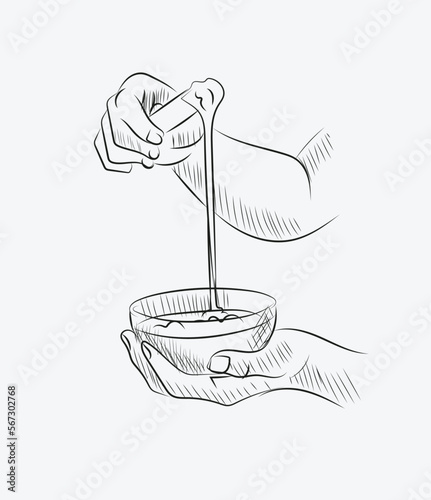 Hand drawn sketch of applying wax with wax stick. vector illustration on white background.