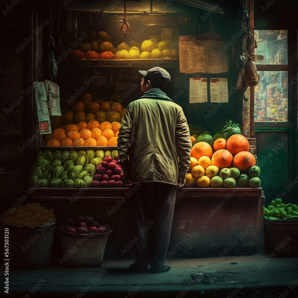 Back view of a man in a greengrocer or fruit shop. Generative AI.