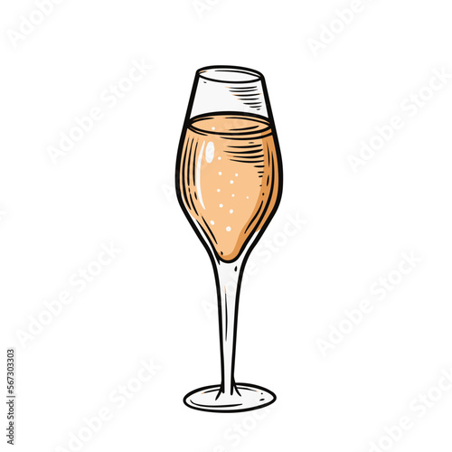 Hand drawn colorful cartoon style champagne glass engraving style vector art.