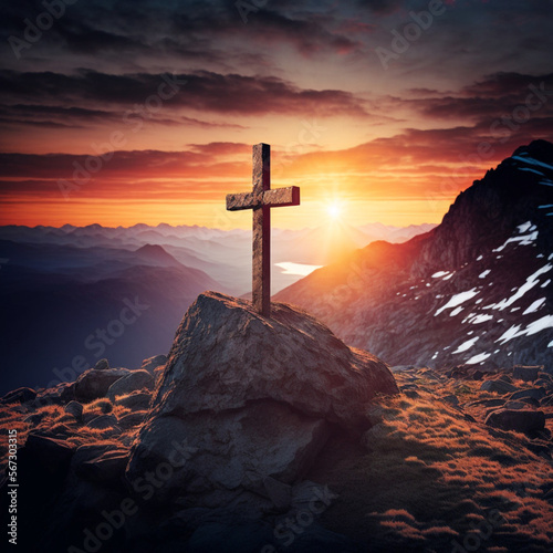 Christian jesus cross on top of a mountain at sunset. Christian religion. Generative AI.