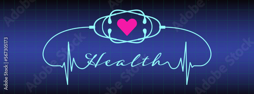 Abstract stethoscope design, pink heart, ekg line illustration background. Healthcare background to use in health industry, cardiology, medical care, hospital, health science projects.
