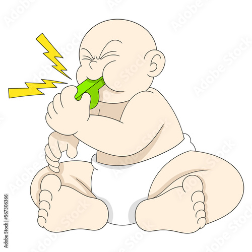 baby boy is sitting playing blowing a noisy whistle