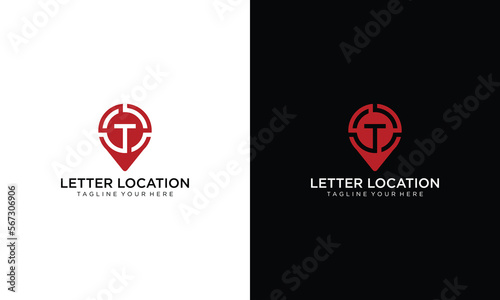 Letter T with geotag or location pin logo icon design template elements.