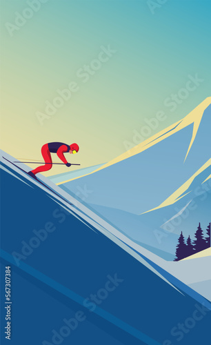 Skiing in the mountains. Winter landscape. Adventures, hiking, tourism, outdoor sports.