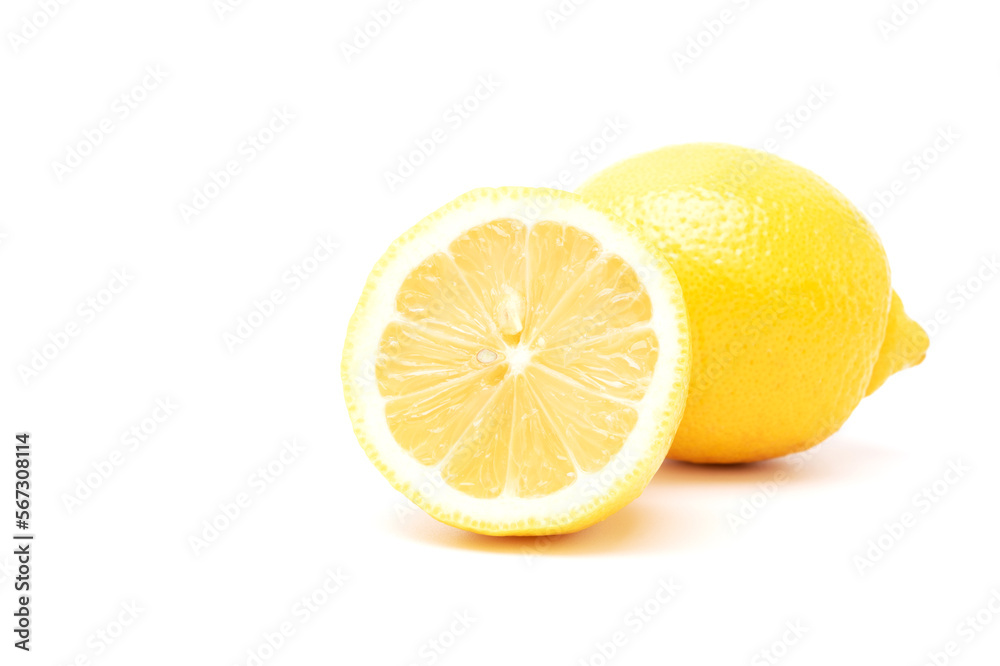 Closeup fresh lemon fruit slice isolated on white background. Healthy food concept