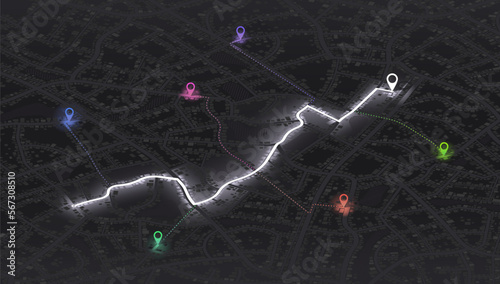 Gps map navigation to own house. City top view. View from above the map buildings. Detailed view of city. Decorative graphic tourist map. Abstract transportation background. Vector, illustration.