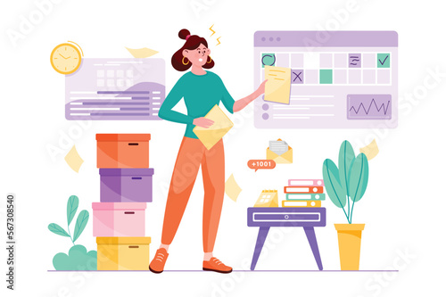 Deadline purple concept with people scene in the flat cartoon style. Worker plans her day to have time to do all the tasks. Vector illustration.