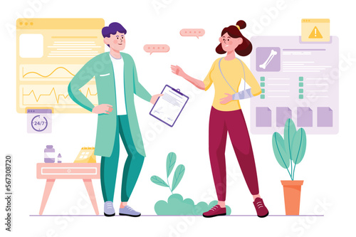 Medical purple concept with people scene in the flat cartoon style. Doctor explains to the patient which medicines need to be bought at the pharmacy. Vector illustration. © Andrey