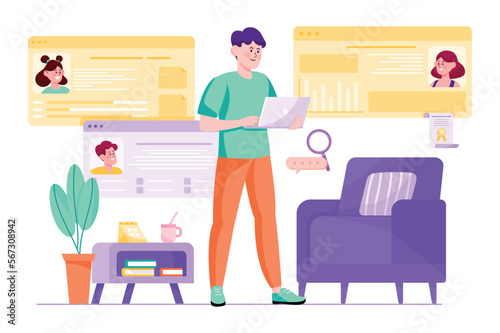 Recruiting purple concept with people scene in the flat cartoon design. Manager examines the resumes of future employees of the company. Vector illustration.