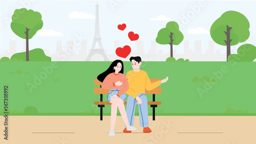 Sweet couple date in the park. Girl and boy having a good time with a view of the Eiffel Tower. Valentine's day idea, vector illustration. Love concept