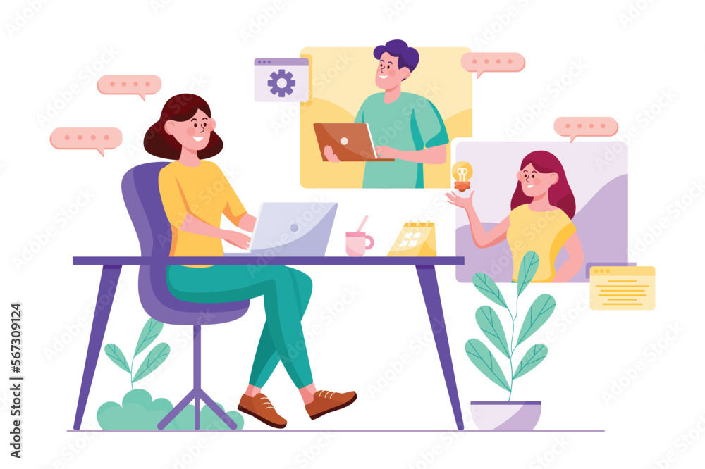 Video conference purple concept with people scene in the flat cartoon style. Supervisor communicates with her employee via video conference. Vector illustration.