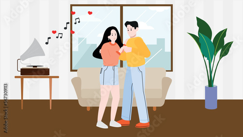 Lovely couple dancing. Man and woman dance at home to music playing on a gramophone. Valentine's day or birthday activity. Romantic dating, indoor. Cartoon, vector illustration.