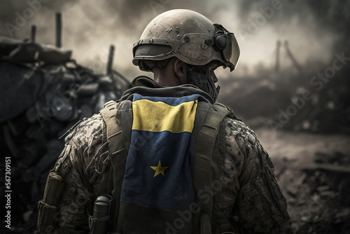 ukraine soldier in uniform from behind in warzone © artefacti
