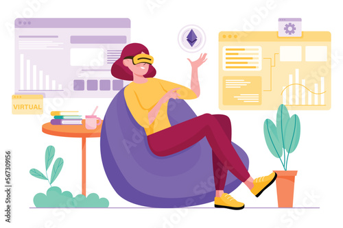 Virtual reality purple concept with people scene in the flat cartoon style. Girl got into virtual reality with help VR-glasses. Vector illustration.